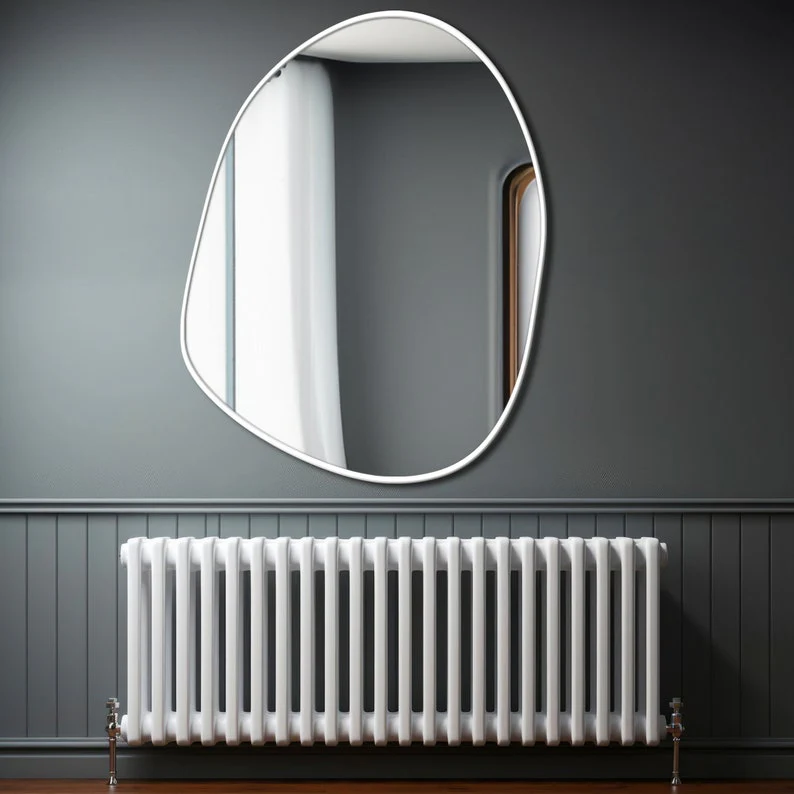 Modern Decorative Asymmetrical Bathroom Mirror with White Wooden Finish - Image 2