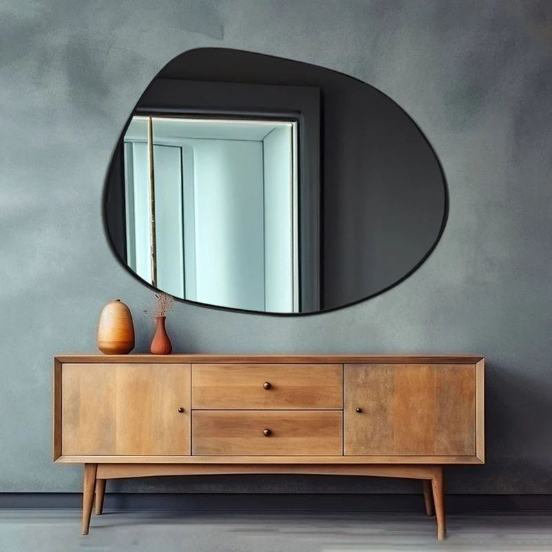 Modern Decorative Asymmetrical Bathroom Mirror with Black Wooden Finish - Image 3