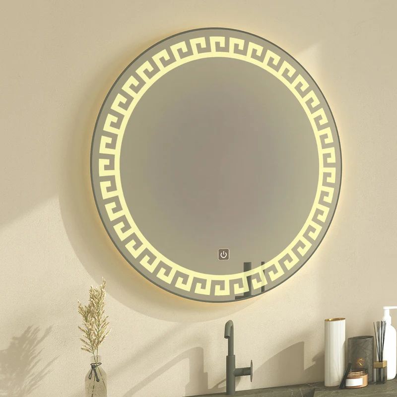 Beautiful Greek Key Motif Designer LED Round Shape Bathroom Mirror - Image 2