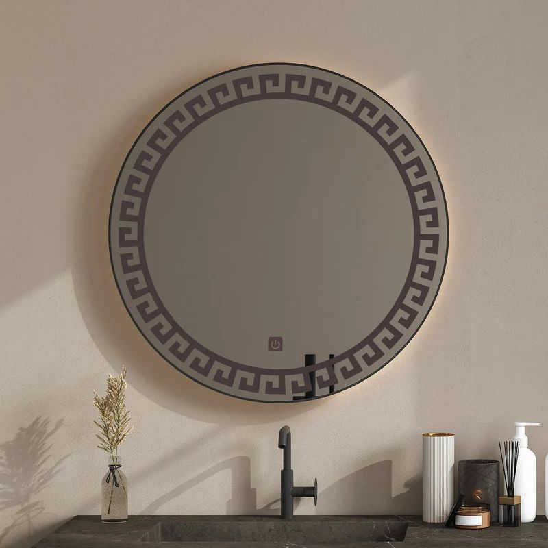 Beautiful Greek Key Motif Designer LED Round Shape Bathroom Mirror - Image 3