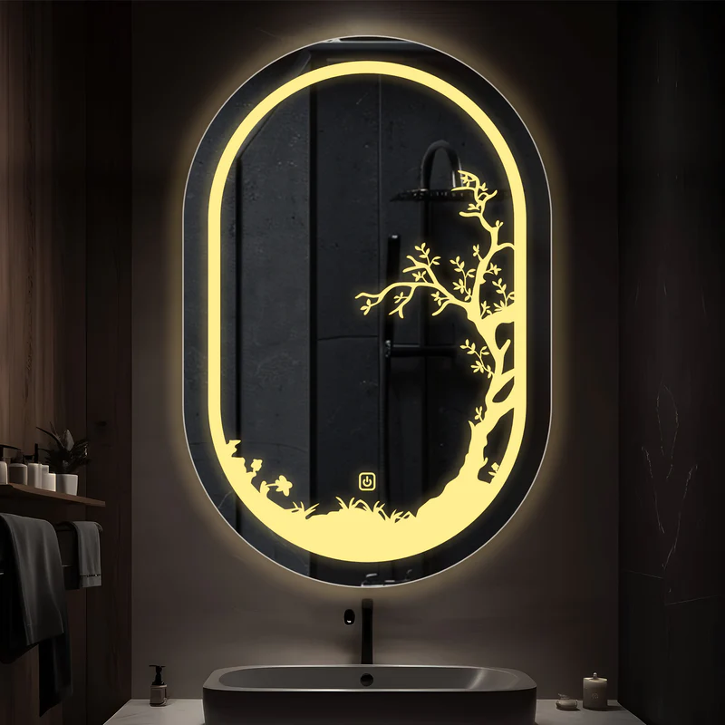 Beautiful Etching Border Edge Tree Design Art LED Bathroom Wall Mirror - Image 3