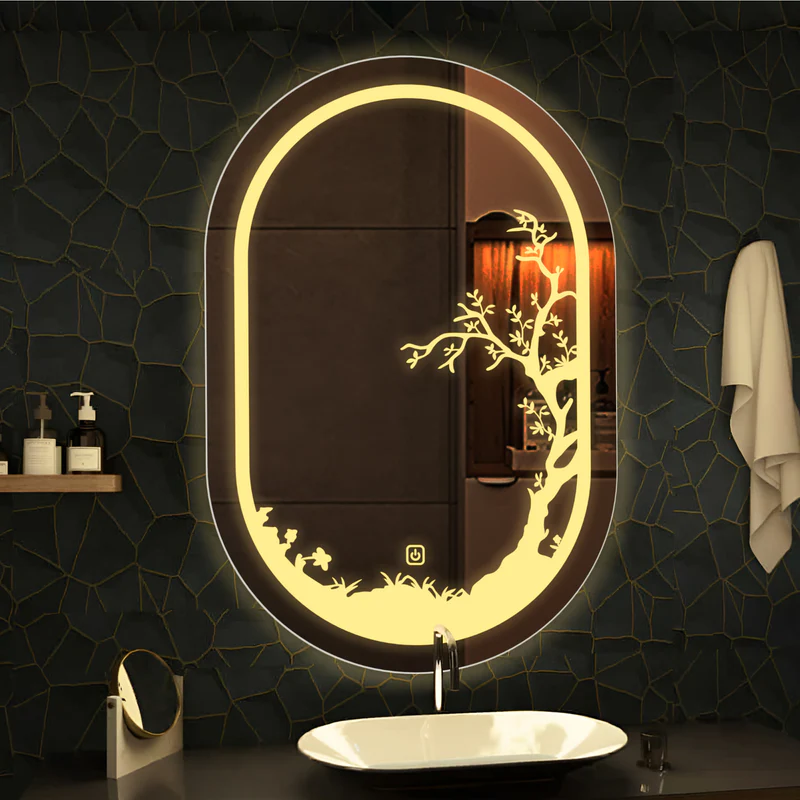 Beautiful Etching Border Edge Tree Design Art LED Bathroom Wall Mirror - Image 2
