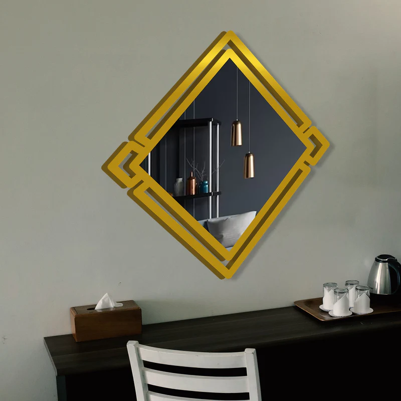 Designer Geometrical Squre Shape Golden Finish Wooden Vanity Mirror - Image 2
