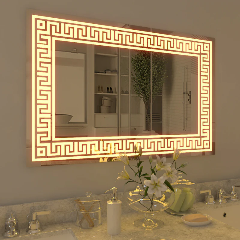 Designer Greek Key Motif LED Rectangular Bathroom Mirror - Image 2