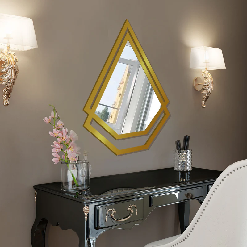 Double Kite Shape Unique Design Wooden Wall Mirror With Gold Texture - Image 2