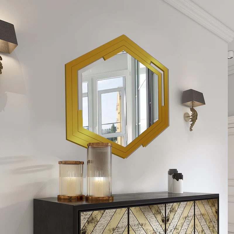 Hexagonal Shape Unique Design Wooden Wall Mirror With Gold Texture - Image 2