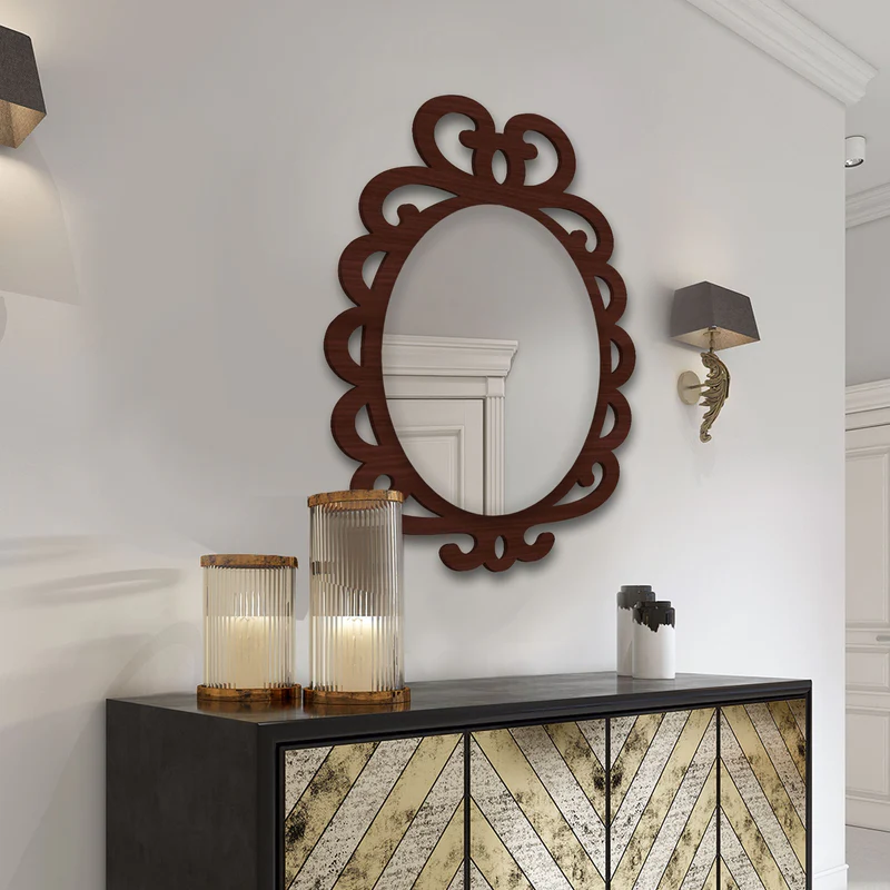Modern Decorative Brown Oval Shape Wooden Wall Mirror - Image 2