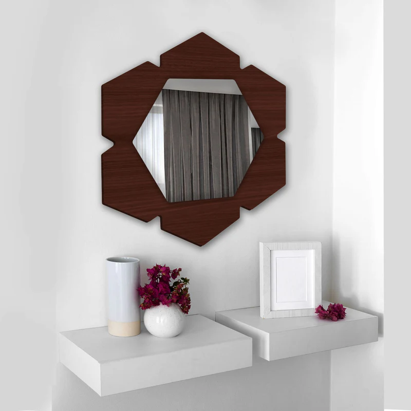 Stylish Brown Hexagon Shape Wooden Wall Mirror - Image 2